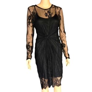 Xhiliration Black Lace Overlay Lined Long Sleeve Knee-length Midi Dress Size L